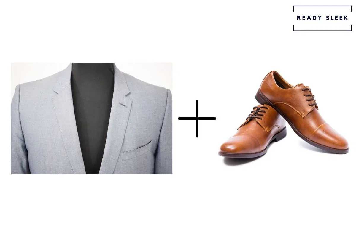 light grey suit with cognac shoes