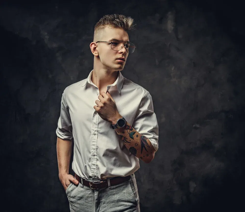 white shirt and grey linen pants 