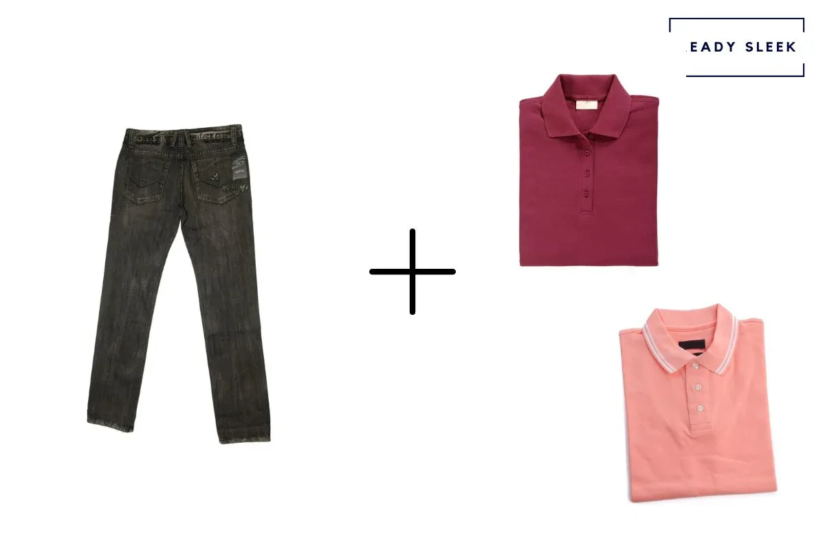 black jeans + burgundy polo shirt + pink polo shirt