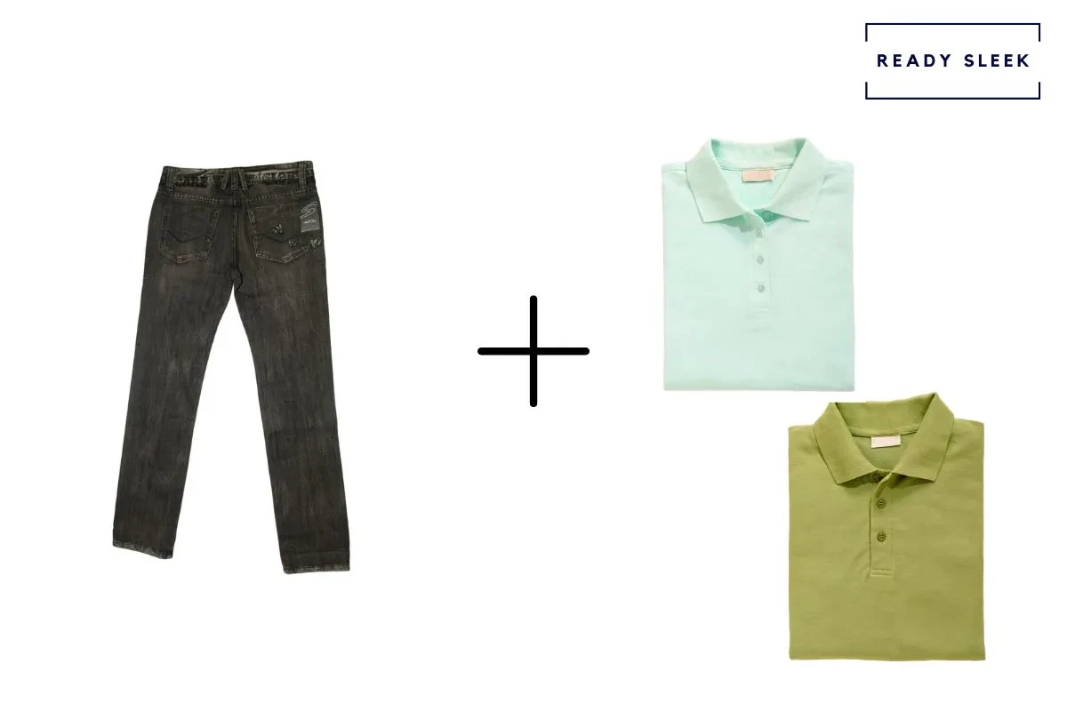 black jeans with mint green polo shirt and olive green polo shirt