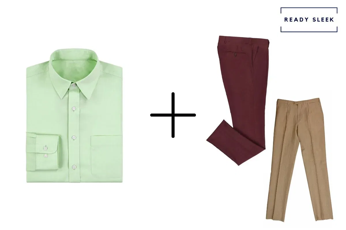 green mens dress shirt + maroon pants + khaki colored pants