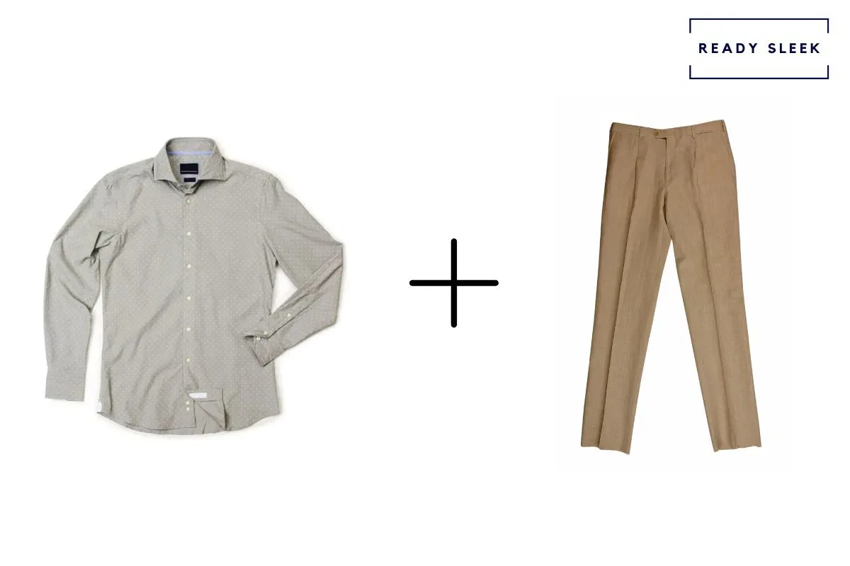 light grey shirt + khaki colored pants