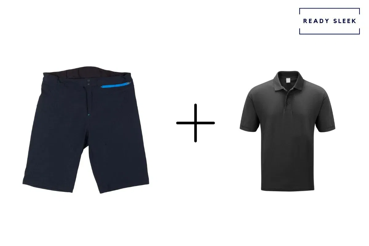 navy shorts + black polo shirt