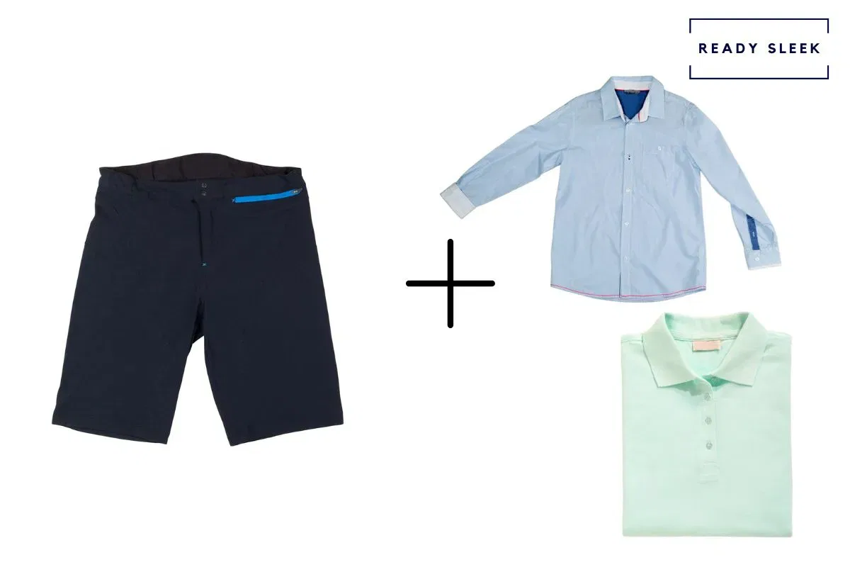 navy shorts + blue casual shirt + mint green polo shirt