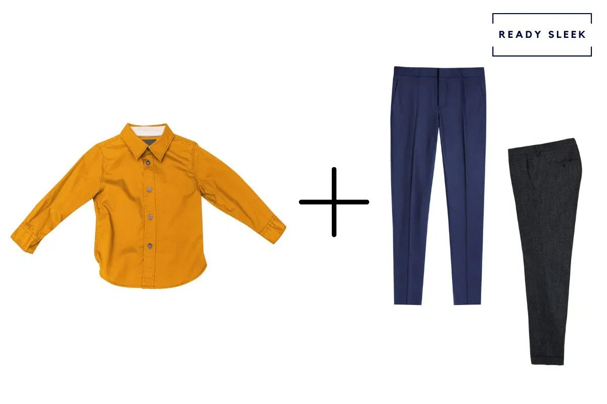 orange shirt + black pants + navy blue pants