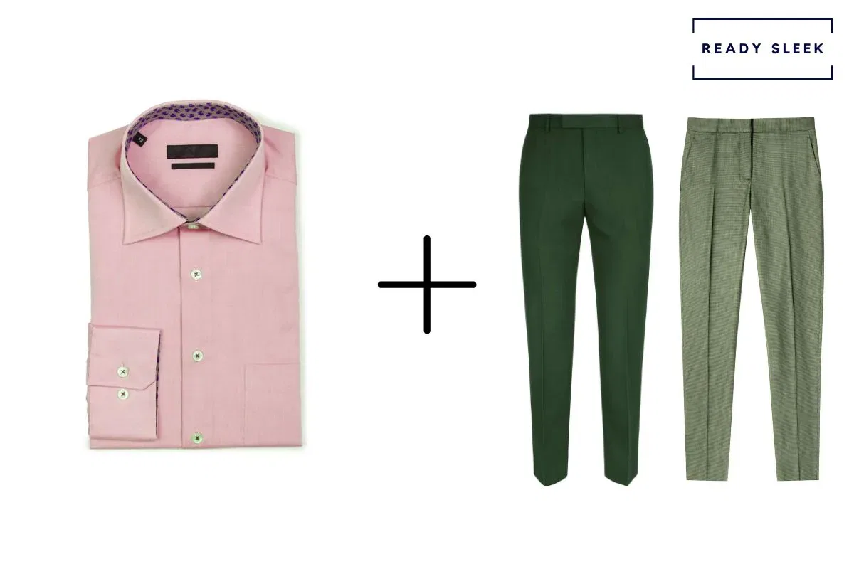 pink shirt + light green pants + dark green pants