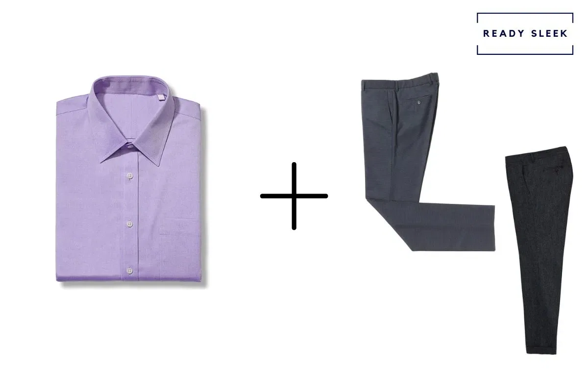 purple shirt + black pants + dark grey mens pants 