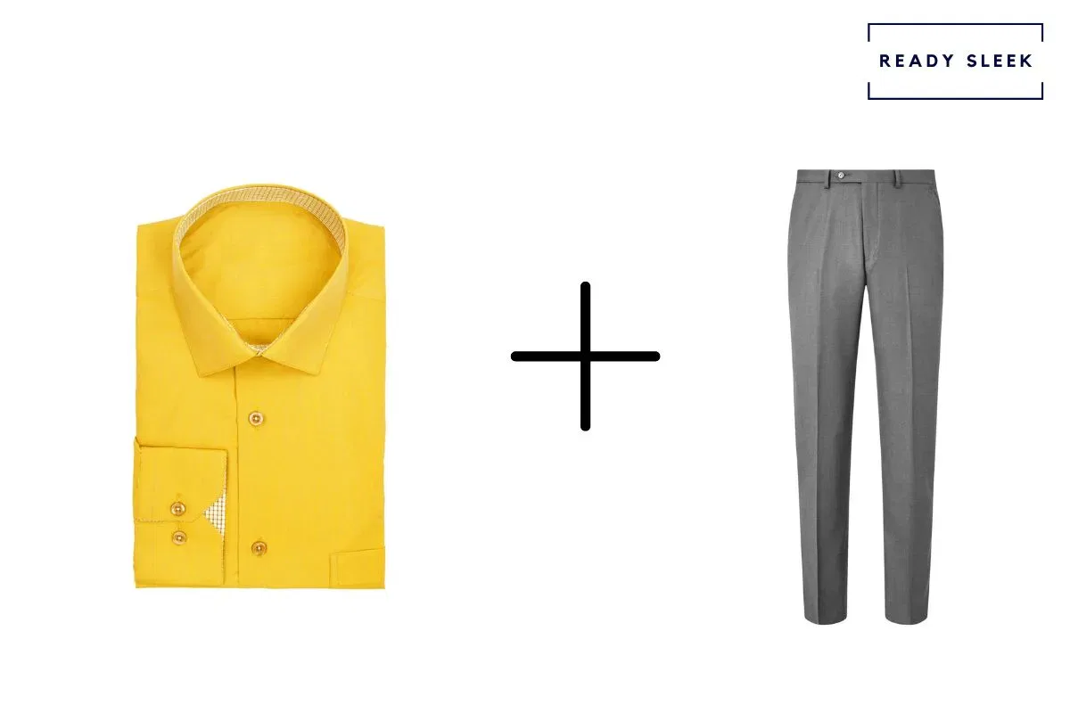 yellow shirt + slate grey pants
