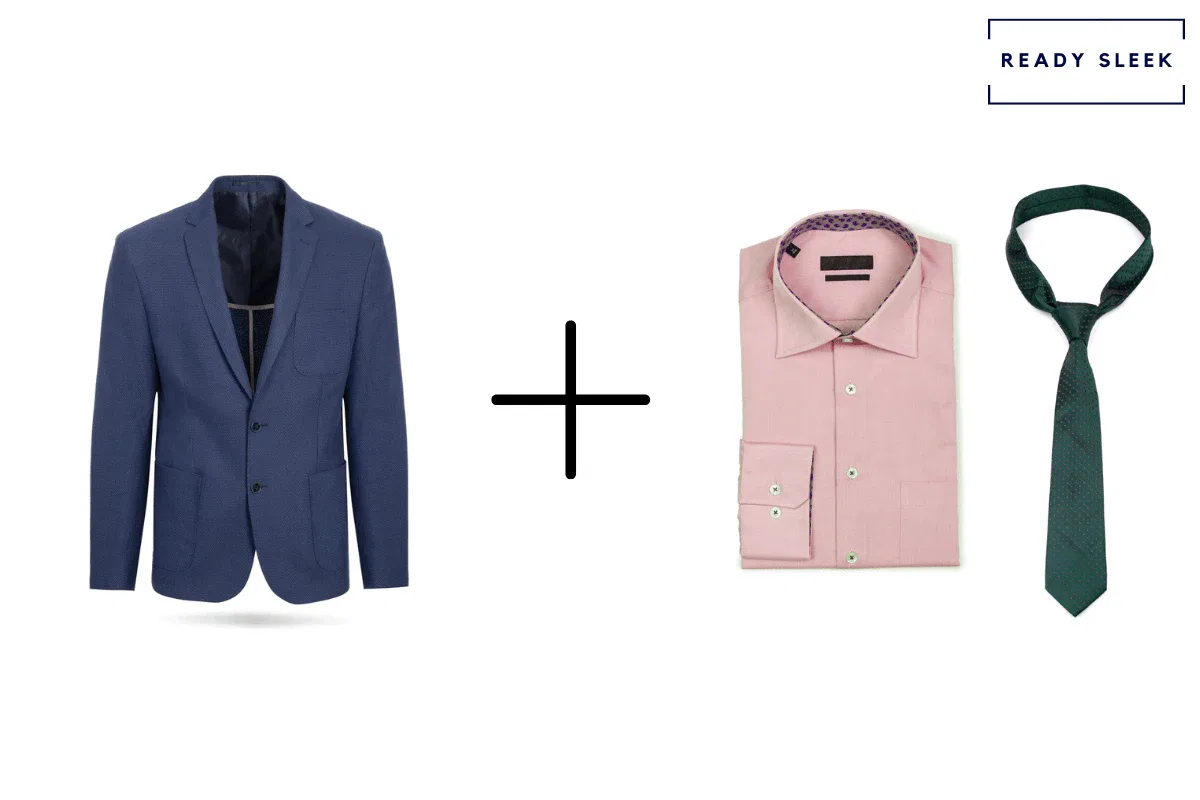 Navy blue blazer + pink shirt + forest green tie
