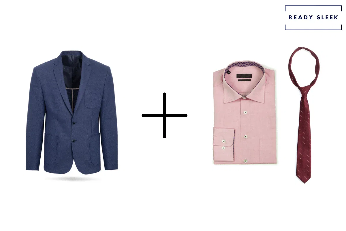 Navy blue blazer + pink shirt + scarlet red tie