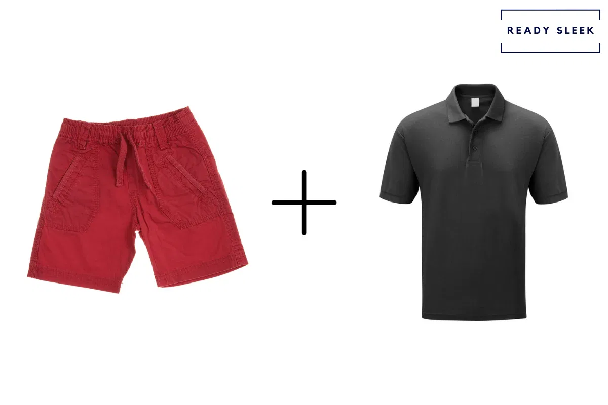 red shorts + black polo shirt 