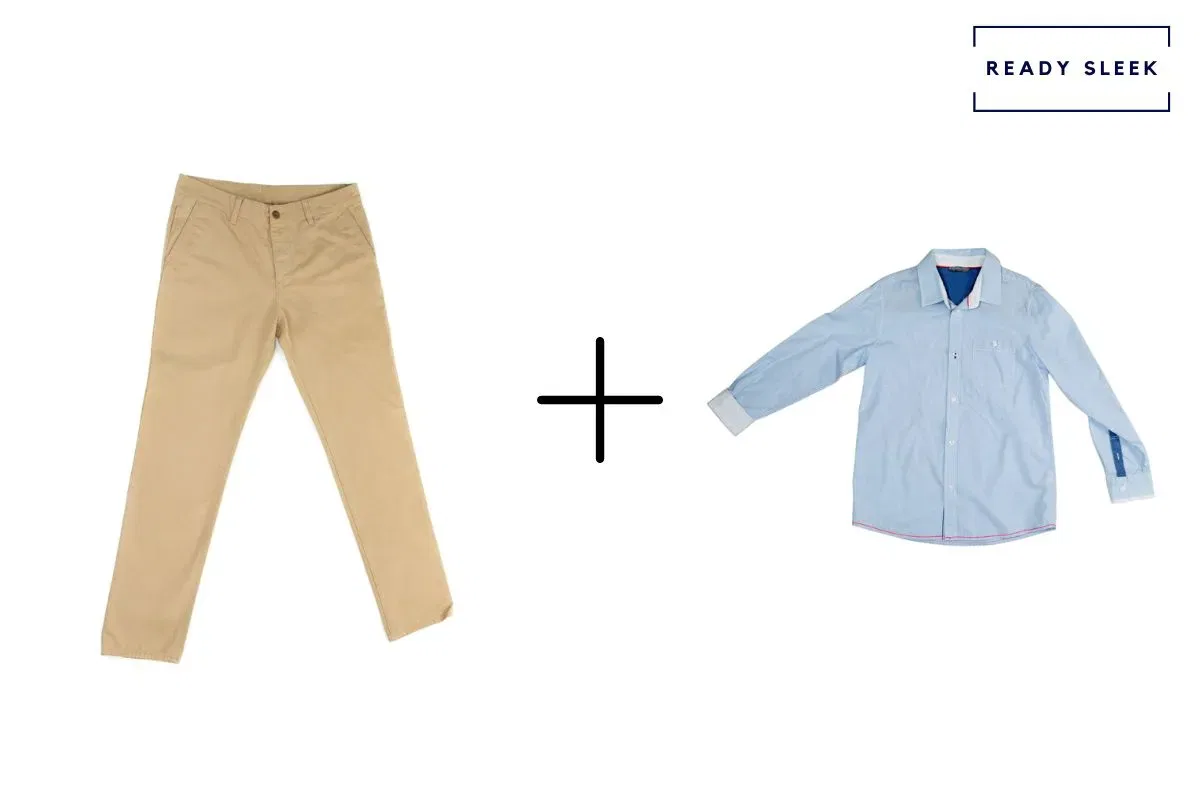 Tan pants with blue casual shirt