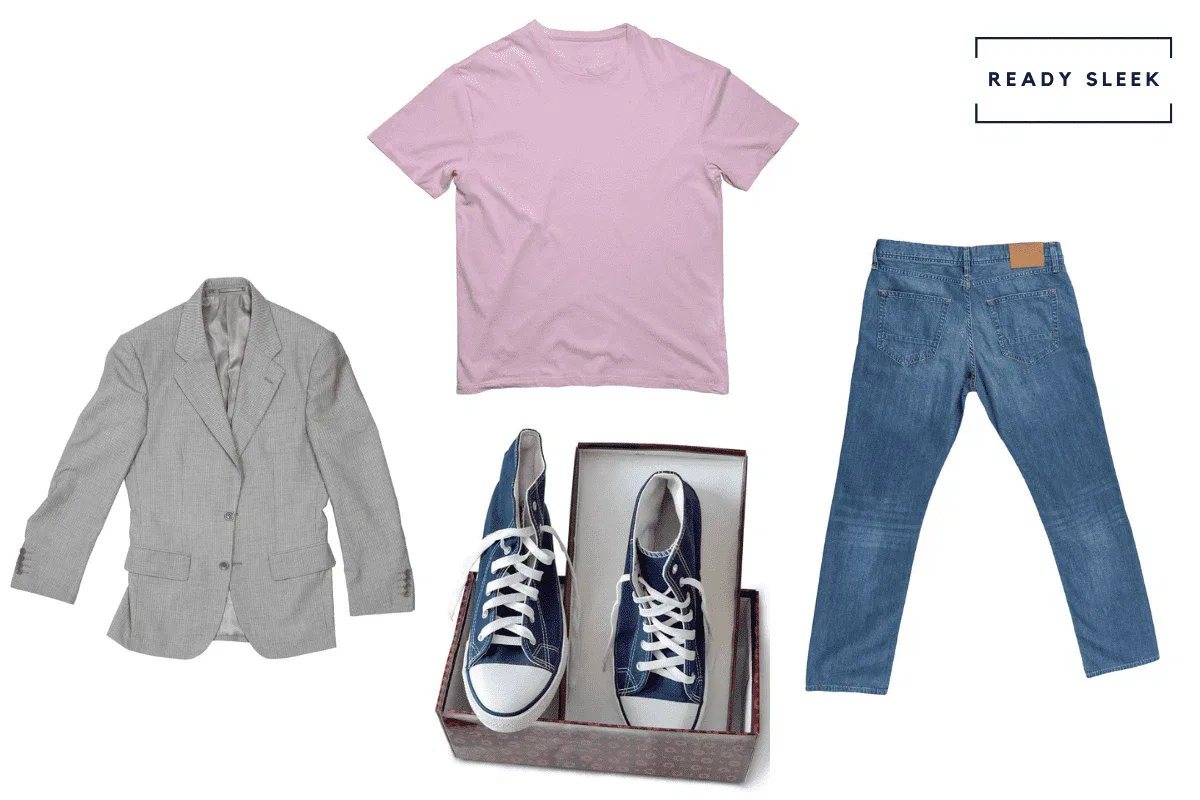 Casual grey blazer with pink tshirt, blue high top sneakers and medium blue jeans