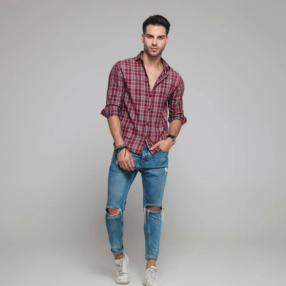 red shirt and blue jeans 