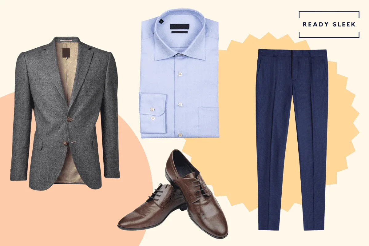 Dark grey blazer with light blue shirt, navy blue pants and dark brown dress shoes