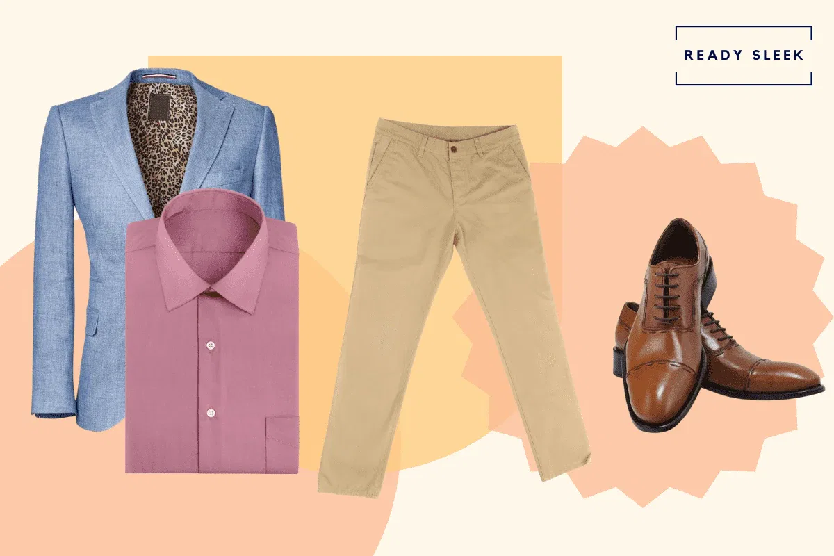 Dark pink shirt with light blue blazer, khaki pants and light brown cap toe oxford