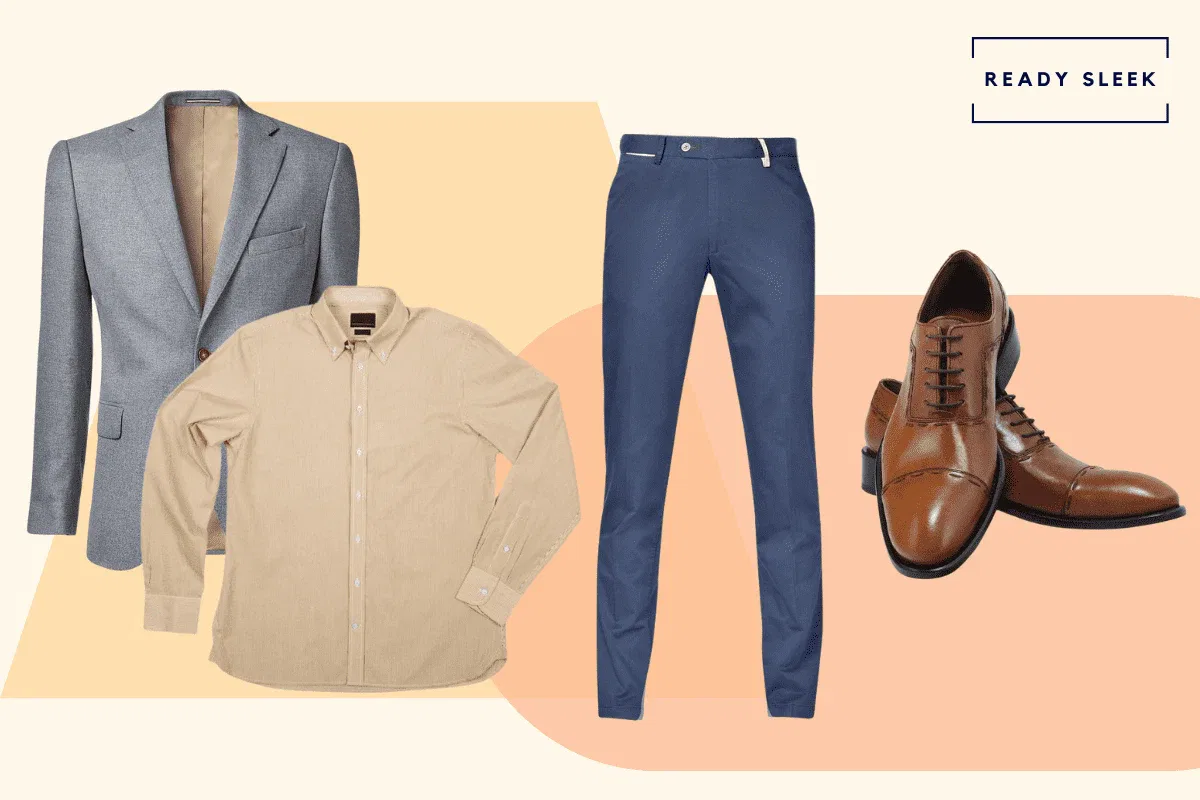Grey blazer with navy chinos, khaki shirt and light brown oxford shoes