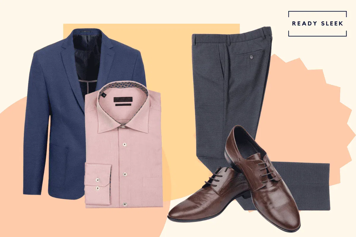 Pink shirt with navy blue blazer, dark grey pants and dark brown dress shoes