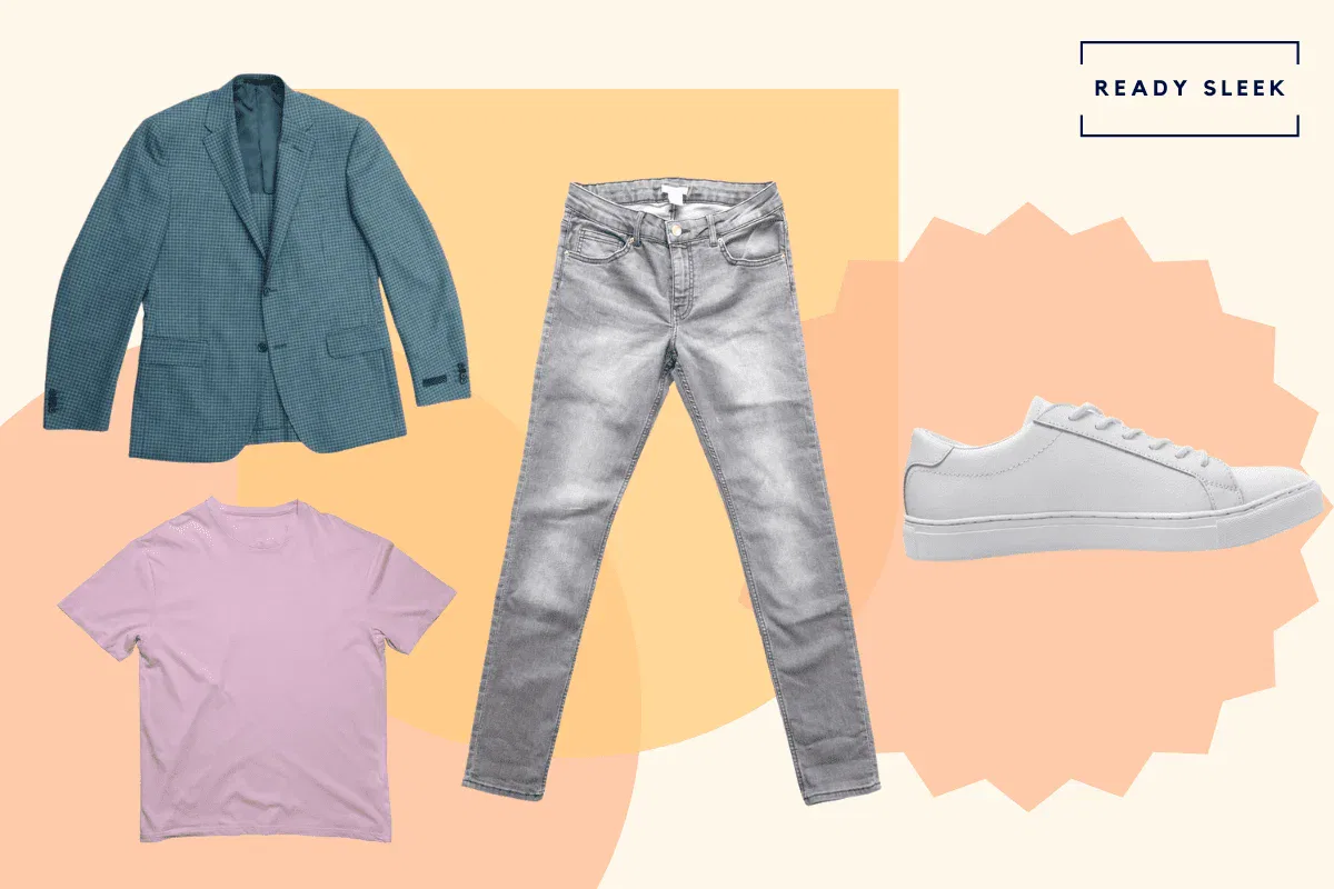 Pink tshirt with light blue blazer, grey jeans and white sneakers