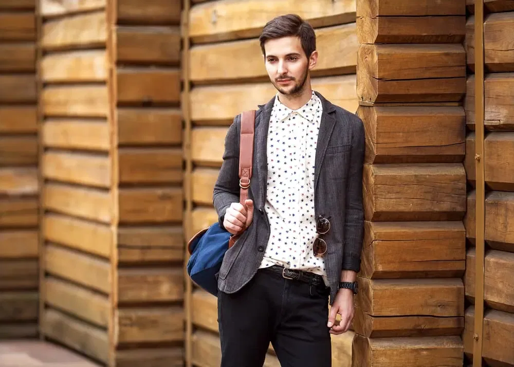 textured grey blazer with black jeans