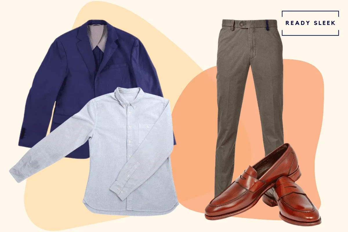 Light blue OCBD with blue blazer, grey chinos and leather penny loafers
