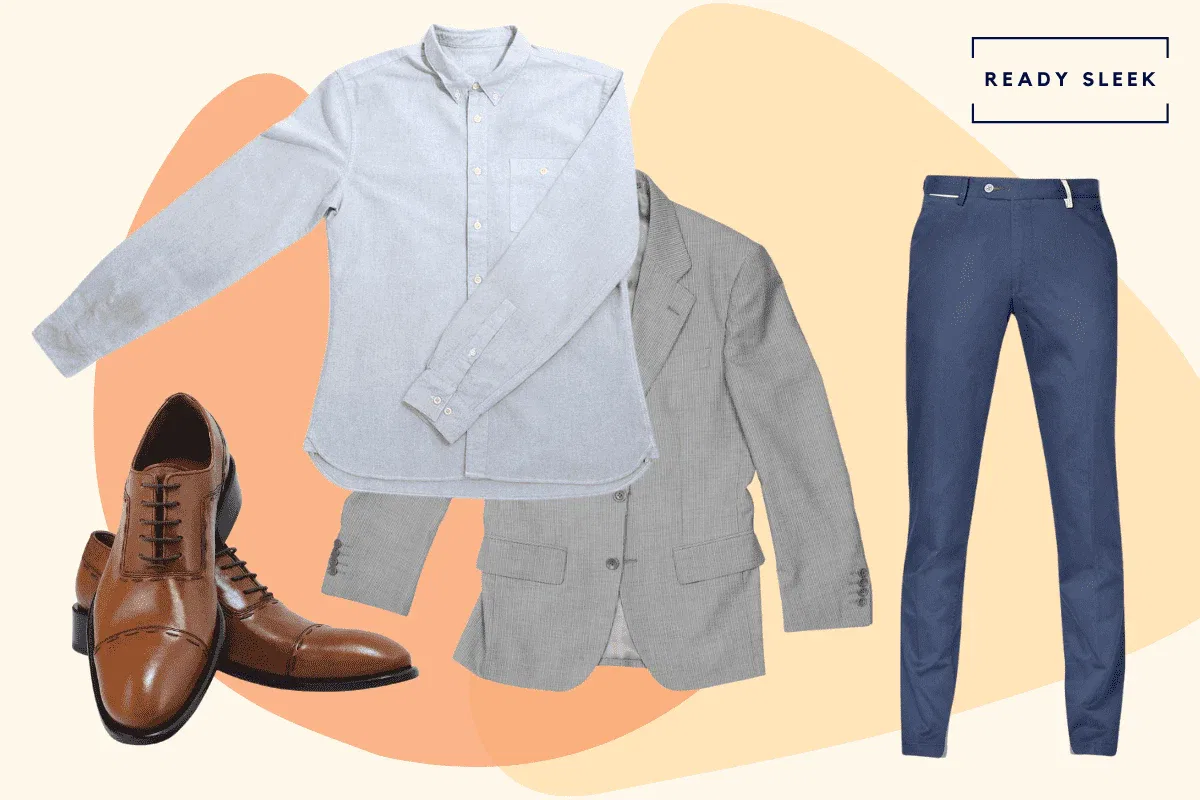 Light blue OCBD with navy chinos, lght brown cap toe oxford and grey blazer