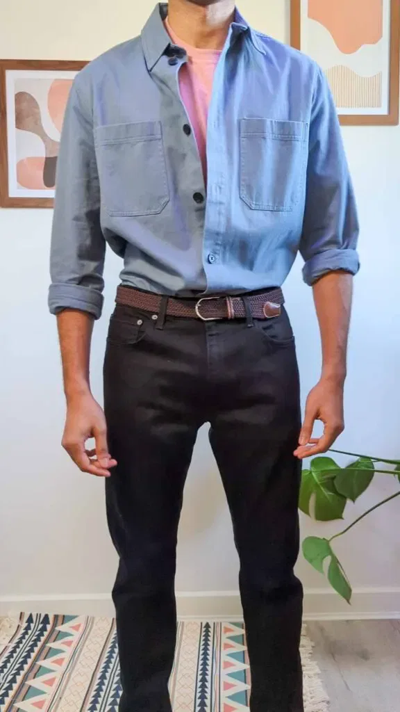 blue overshirt pink tshirt black jeans