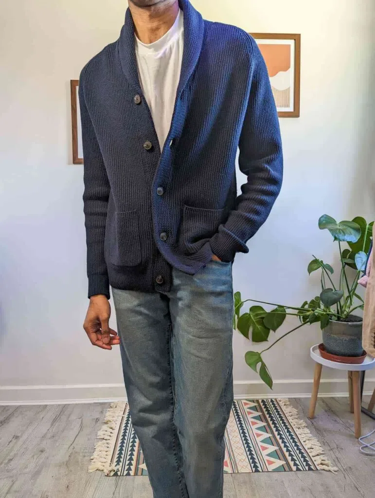 blue shawl cardigan white t shirt light blue jeans