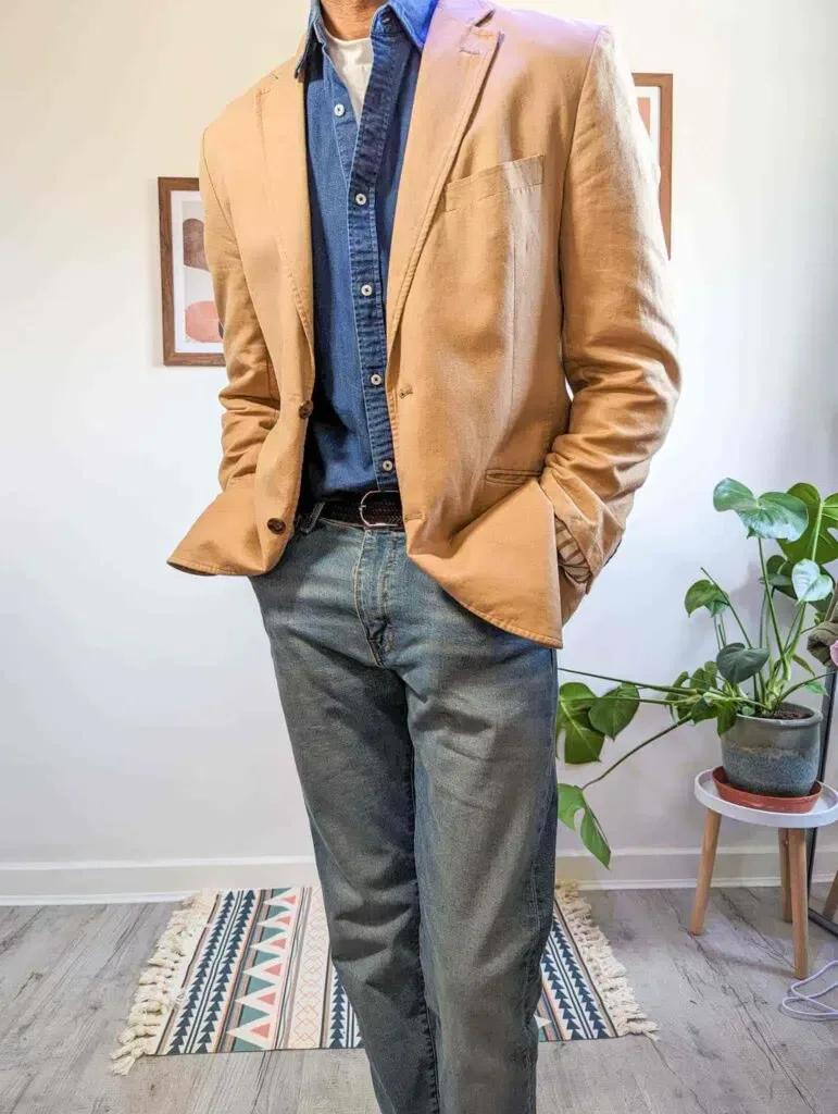 tan blazer denim shirt light blue jeans