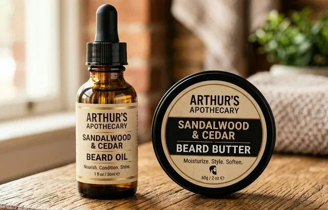 Beard oil bottle next to beard butter tin comparison