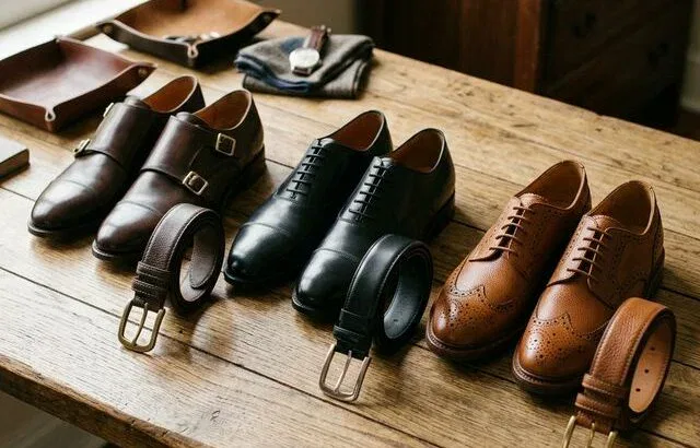 Three leather belts matched with corresponding shoes