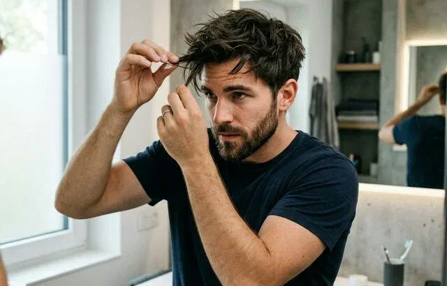 Man applying hair wax for textured messy hairstyle