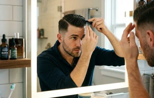 Man styling hair with pomade in bathroom mirror