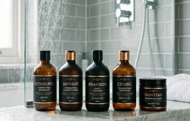 Premium men's shampoo bottles on marble shower ledge