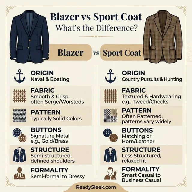 Side-by-side comparison infographic of blazer versus sport coat showing differences in origin, fabric, pattern, buttons, structure and formality
