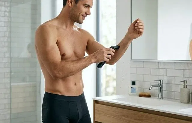 Man performing body grooming routine