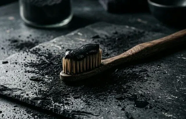 Black charcoal toothpaste on bamboo toothbrush