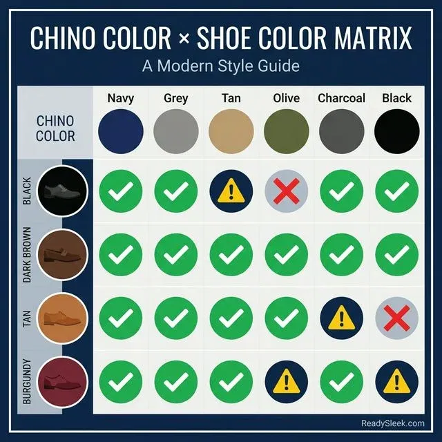 Color matrix infographic showing which shoe colors work with which chino colors using checkmarks and warnings