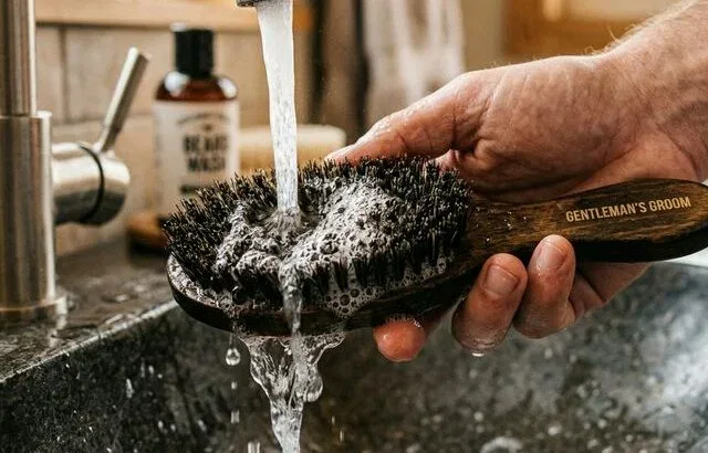 Cleaning boar bristle beard brush under running water