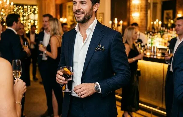 Man in dark navy cocktail attire at upscale event