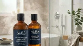 Men's hair conditioner bottles in bathroom