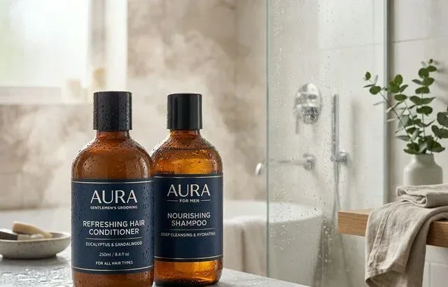 Men's hair conditioner bottles in bathroom