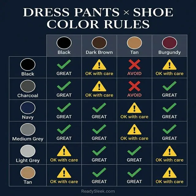 Color matrix showing which shoe colors work with different dress pant colors using green checks and red X marks