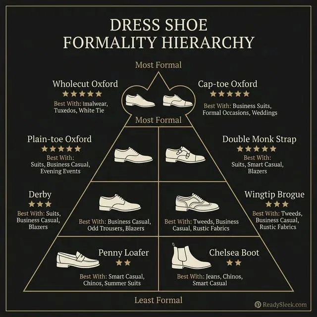 Pyramid infographic showing dress shoe types ranked by formality from Wholecut Oxford to Chelsea Boot