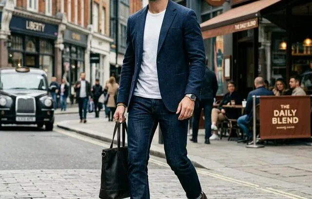 Man wearing dark jeans with blazer in smart casual style