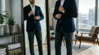 Man in interview outfit checking mirror: blazer, dress shirt, dress pants