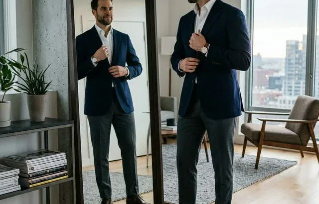Man in interview outfit checking mirror: blazer, dress shirt, dress pants