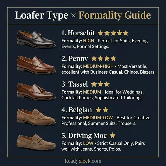 Infographic showing loafer types ranked by formality from Horsebit (most formal) to Driving Moccasin (least formal)