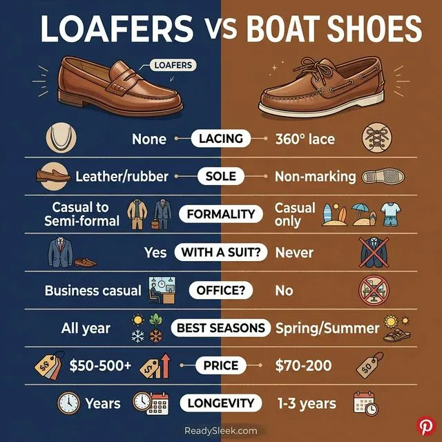 Side-by-side comparison of loafers and boat shoes across 8 factors including formality, price, and longevity