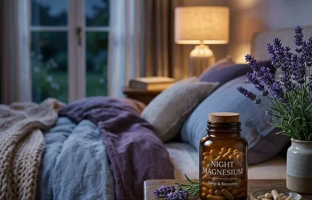 Magnesium supplement on nightstand for sleep and recovery